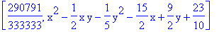 [290791/333333, x^2-1/2*x*y-1/5*y^2-15/2*x+9/2*y+23/10]